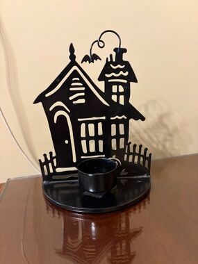 Black Halloween haunted house tea light holder